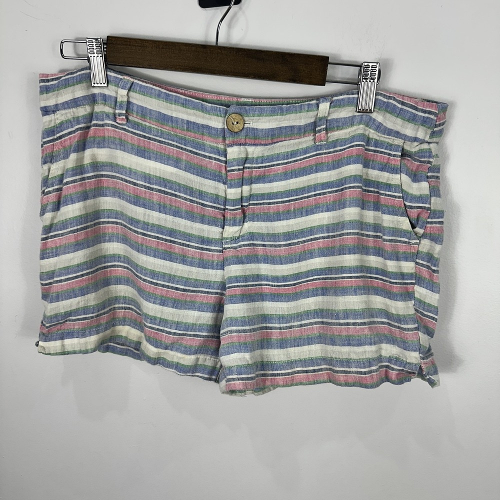St. Tropez West Shorts Women 12 Multicolor Striped Linen Coastal Resort Vacation
